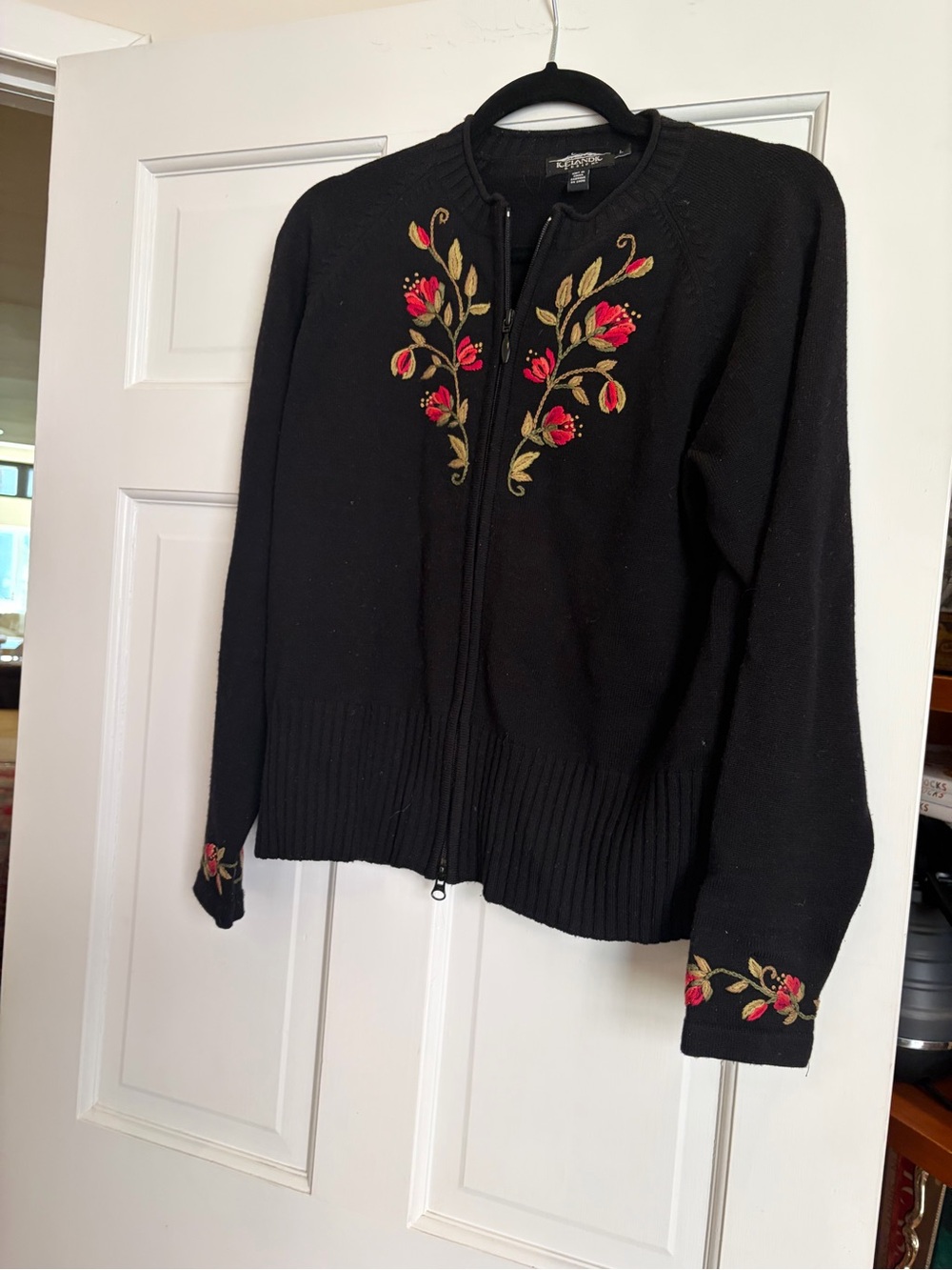 Black Embroidered Zip-Front Women's Sweater with Red Floral Detail